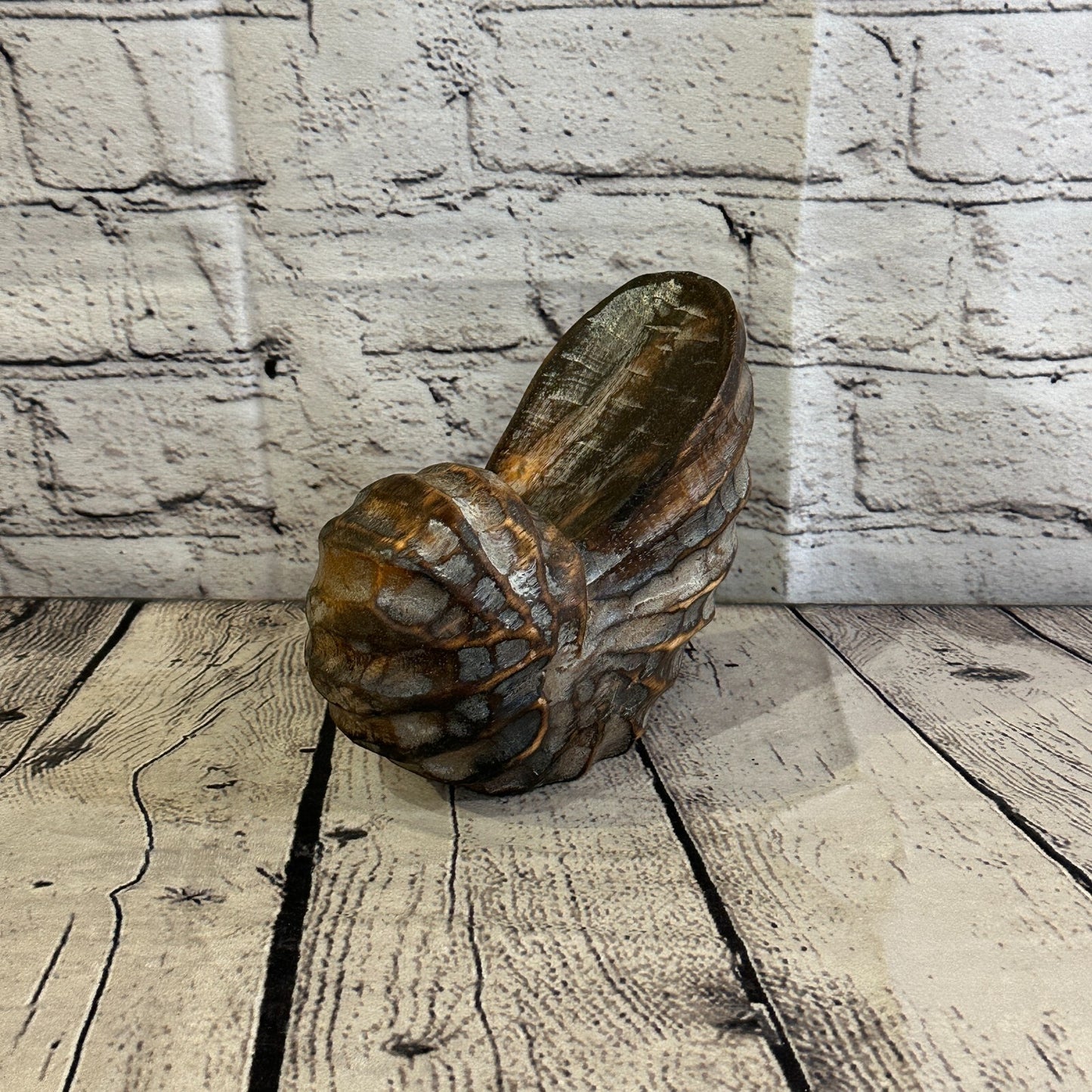 15cm Brown Polish Nautilus Shell Ornament Decor Carved Light Wood Parcel Figure
