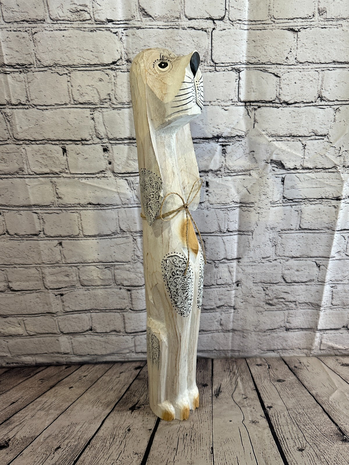 60cm White Flower Wooden Shabby Dog Statue Ornament Fair Trade Handcarved