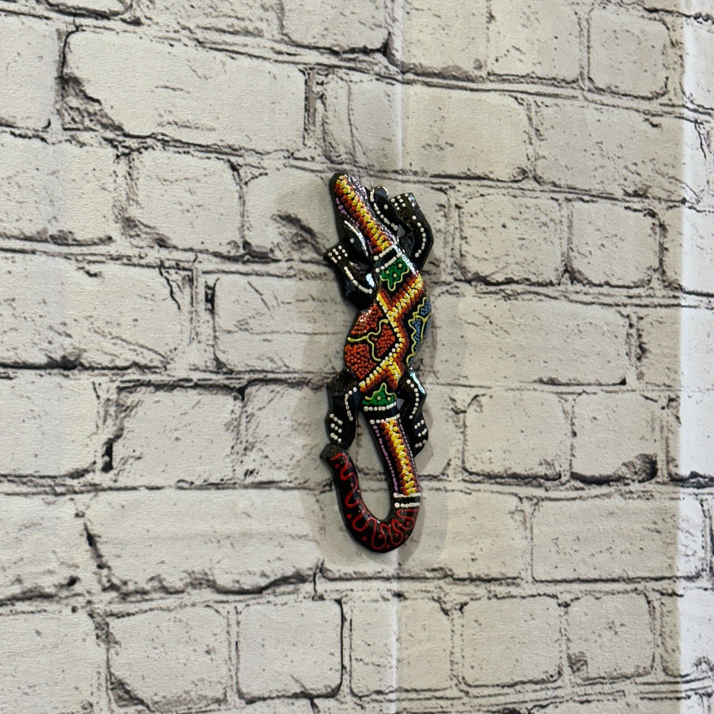 20cm Gecko Carved Wooden Dot Painted Ethnic Tribal Tiki Wall Handmade No 12