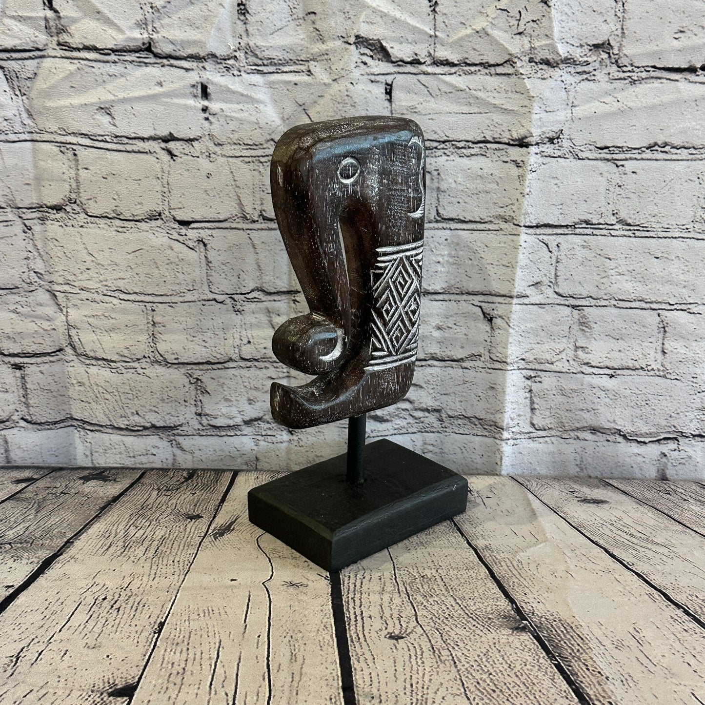 30cm x 14cm Wooden Tribal Primitive Black Elephant Head Stand Sculpture Statue
