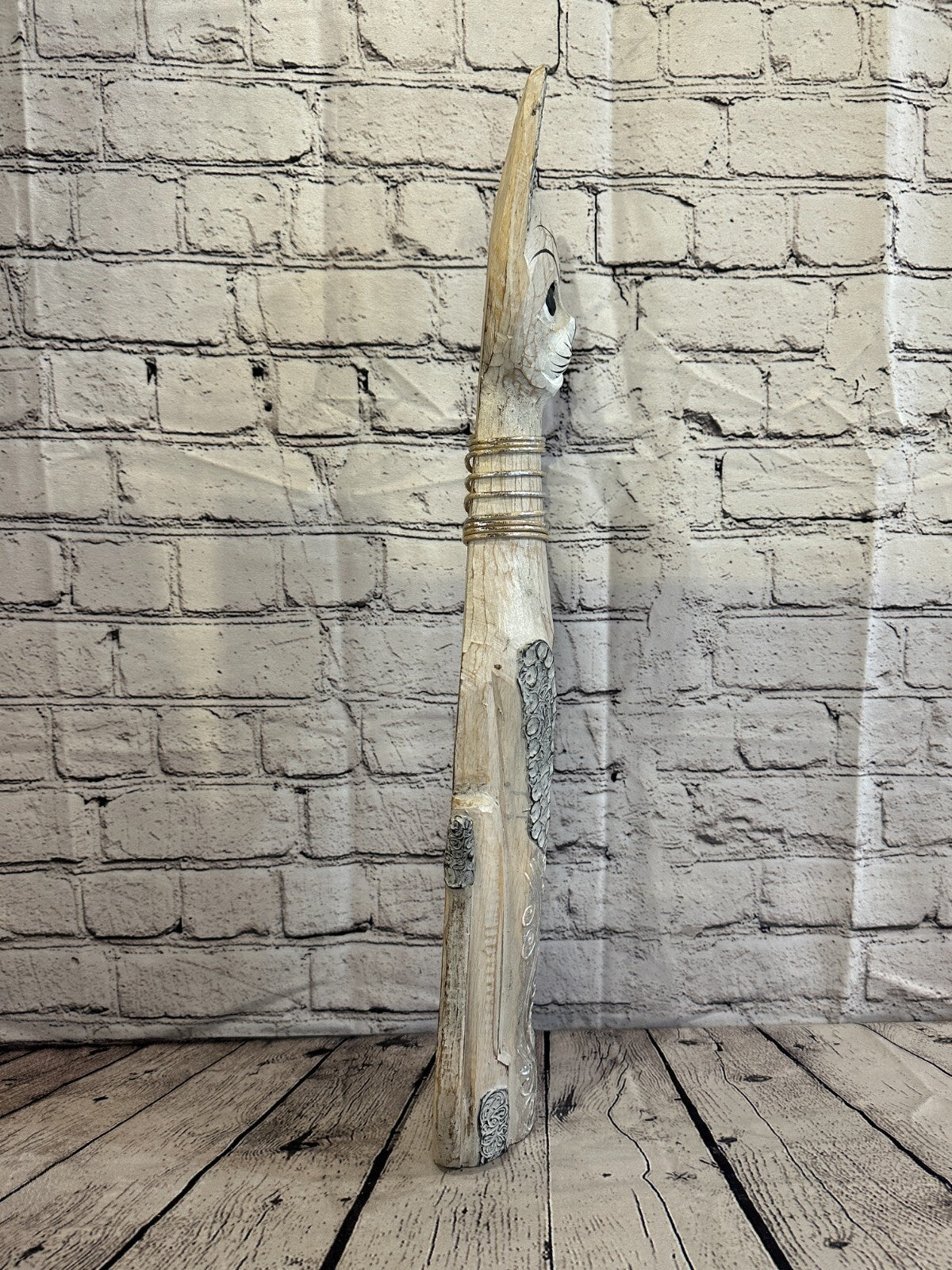 60cm White Swirl Flower Wooden Shabby Cat Statue Ornament Fair Trade Handcarved