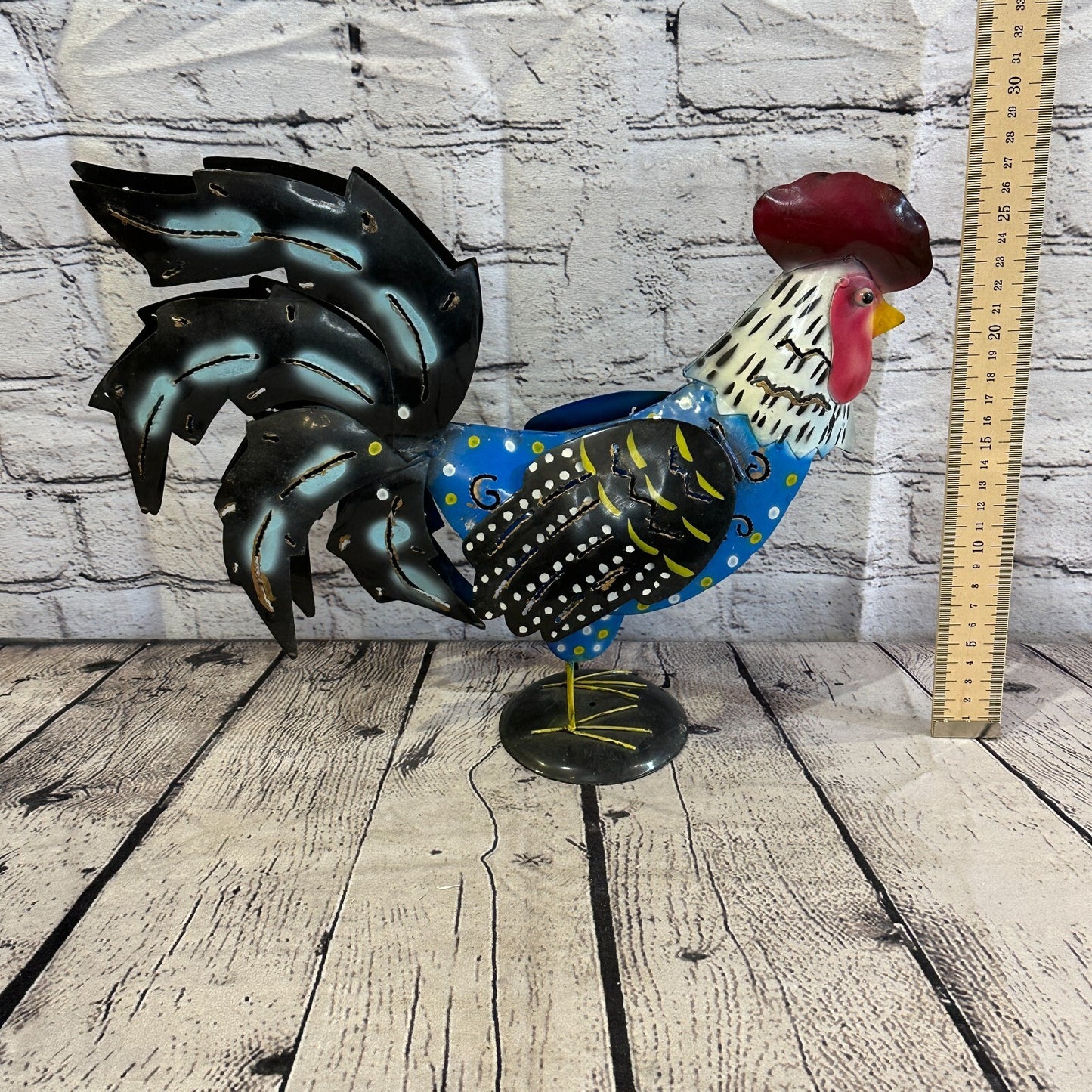 40cm x 25cm Black Blue Metal Chicken Ornament Painted Statue Candle Holder