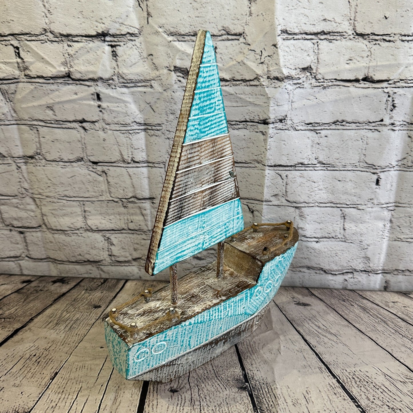 40cm Rustic Wooden Brown & Green Sailing Boat Nautical Ornament Sculpture Decor