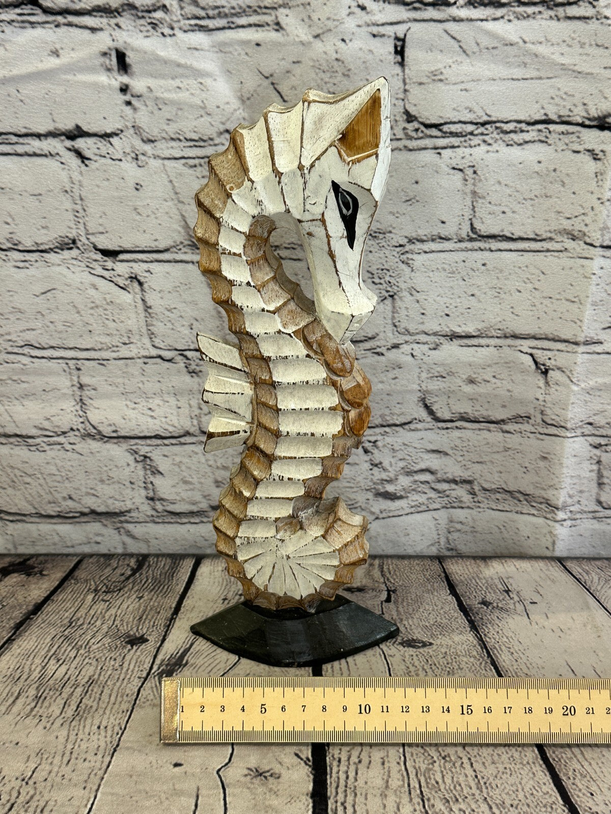 30cm White Brown Wooden Shabby Seahorse Statue Ornament Fair Trade Handcarved
