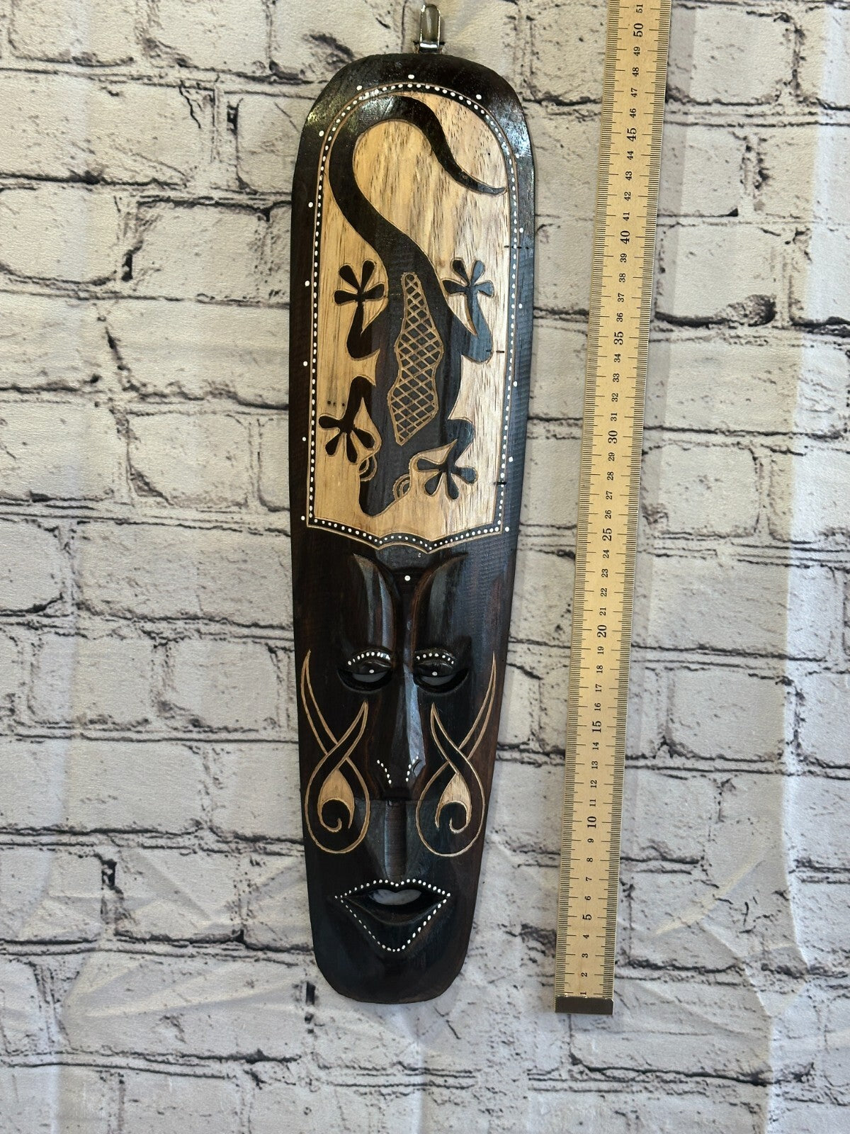 50cm Gecko Mask Carved Wooden Brown Work Painted Ethnic Tribal Tiki Wall Art