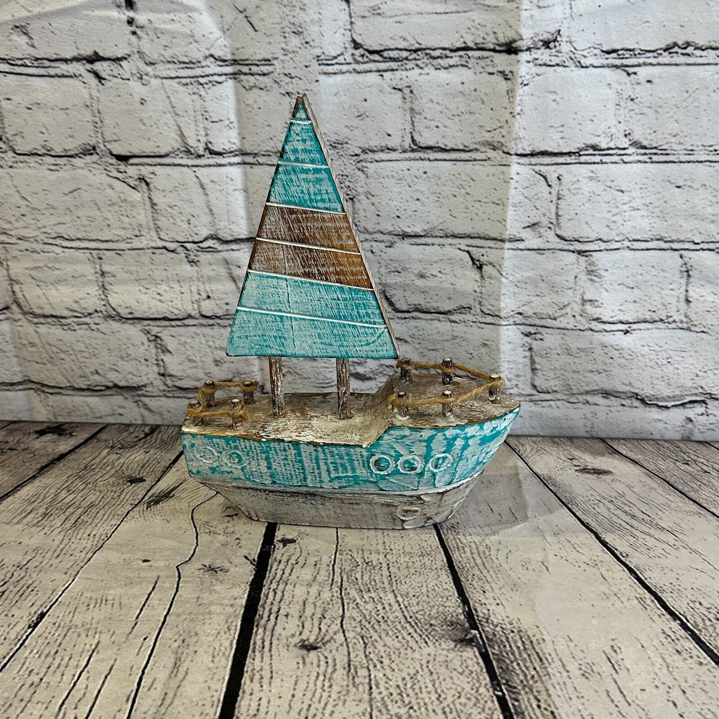 25cm Rustic Wooden Brown & Green Sailing Boat Nautical Ornament Sculpture Decor
