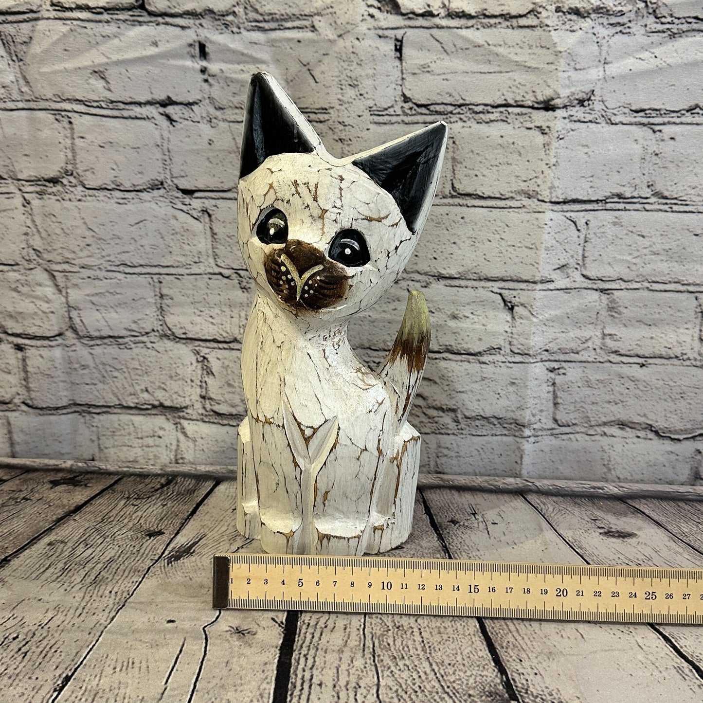 30cm x 12cm White Flower Wooden Shabby Cat Statue Ornament Fair Trade Handcarved