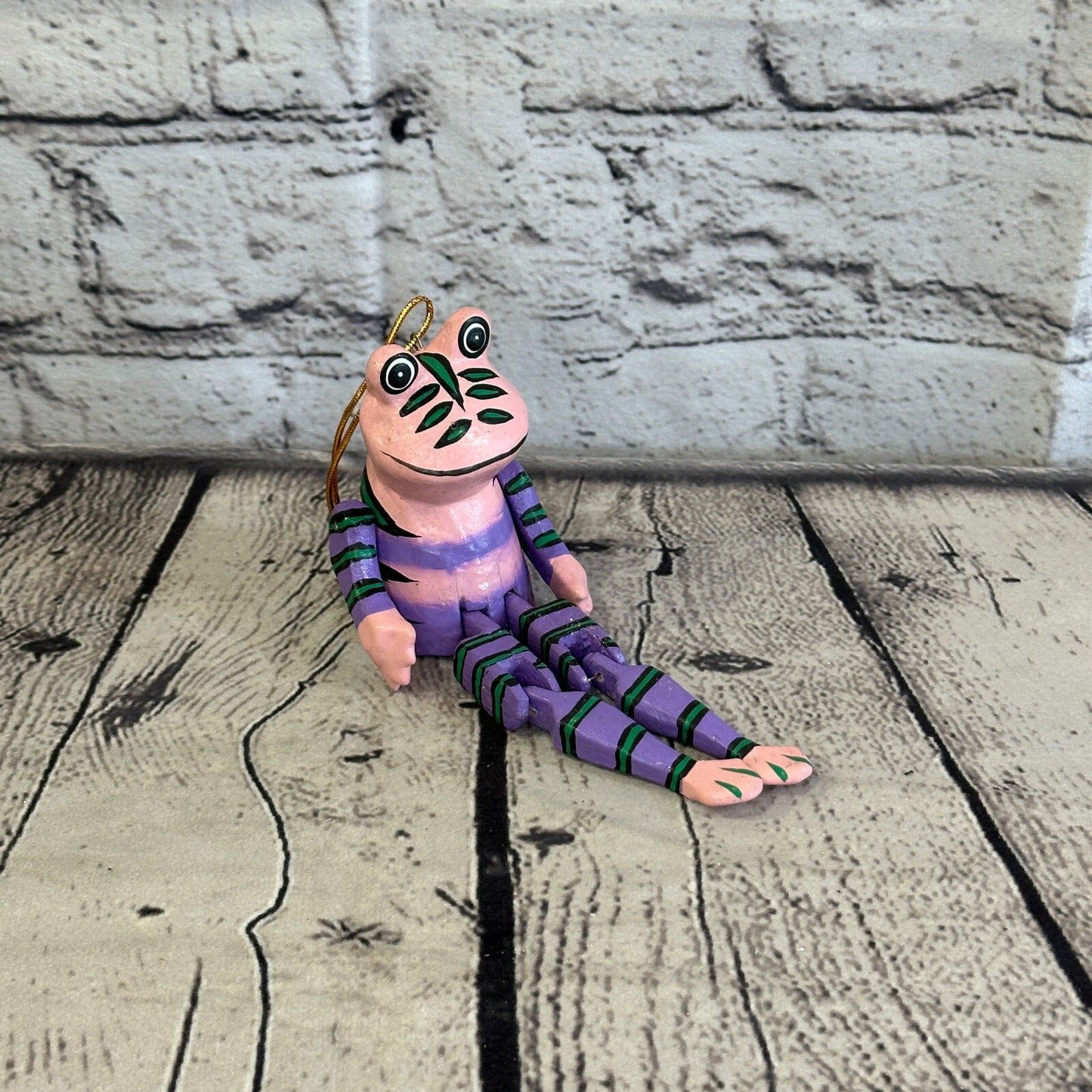 10cm Purple Frog Sitting Animal, Wooden Shelf Ornament Handmade and Fairtrade