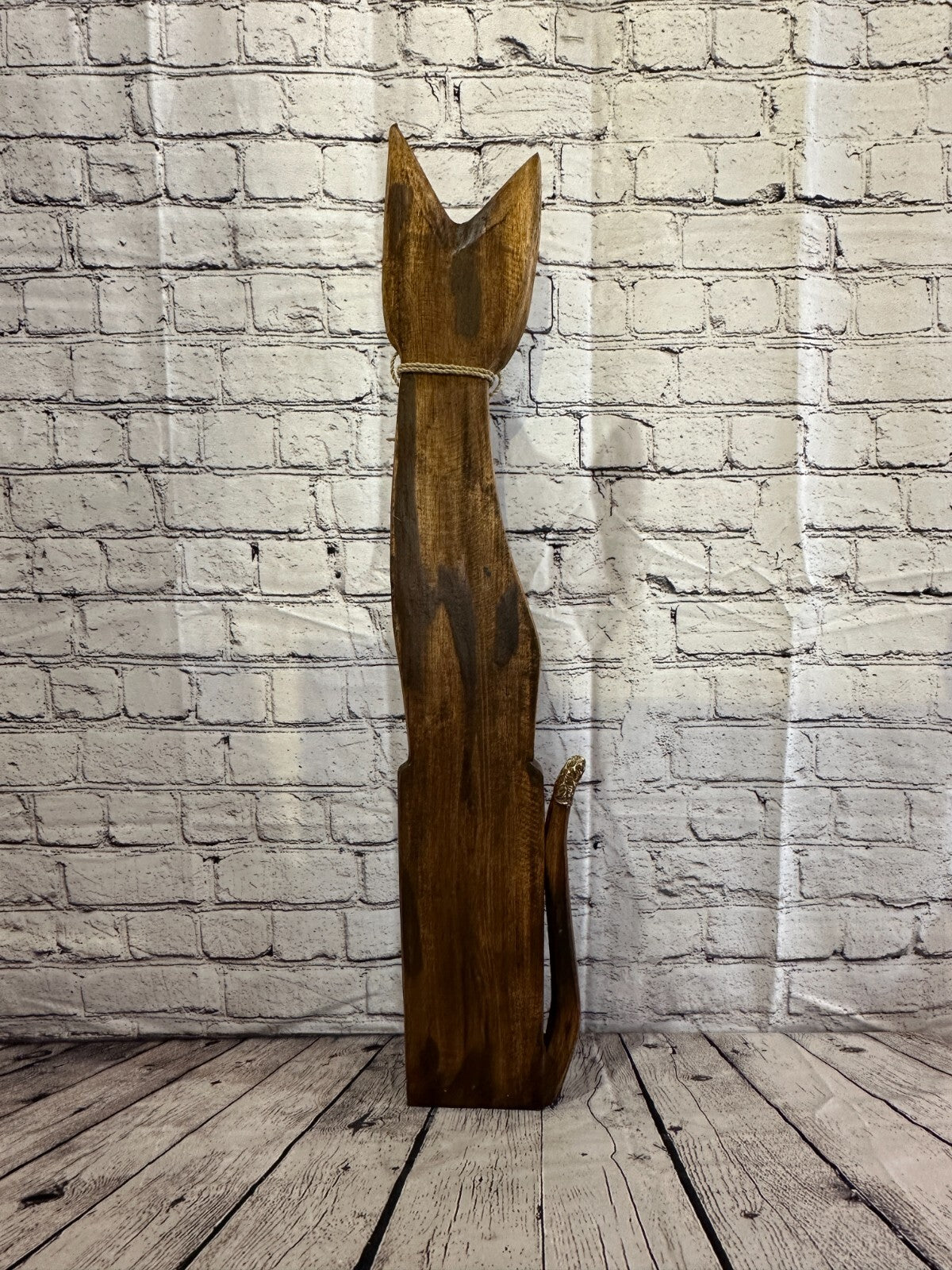 80cm Brown Swirl Flower Wooden Shabby Cat Statue Ornament Fair Trade Handcarved