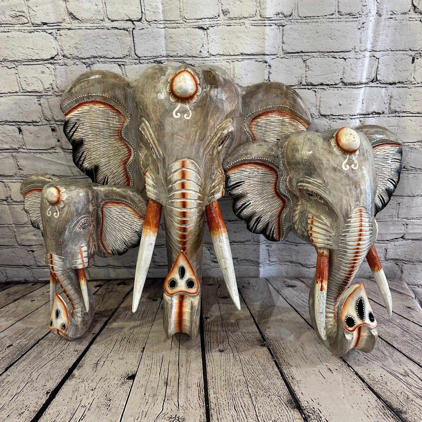 50cm x 45cm Grey Painted Wood Elephant Head Wall Mounted Art Large Shabby