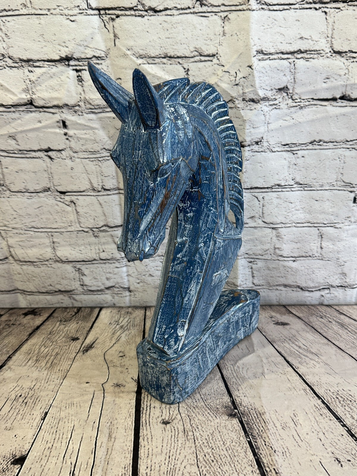 Blue Wooden 40cm x 20cm Horse Head Bust Hand Carved Wood Sculpture