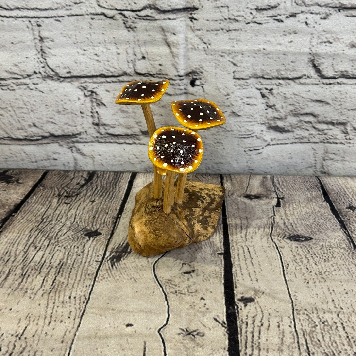 Brown Yellow Painted Mushroom Parasite Ornament Natural Carving Fairtrade Wooden
