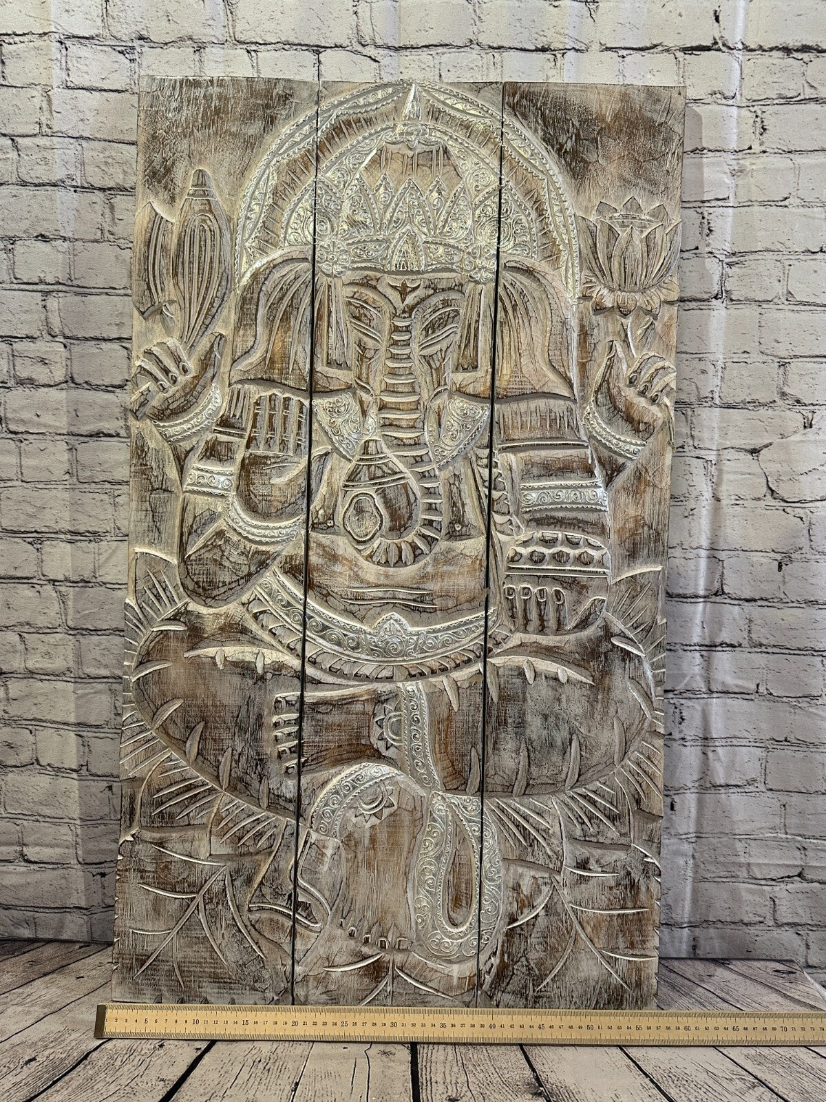 100cm x 60cm Ganesh White Panel Wooden Wood Panel Wall Art Plaque Handcarved