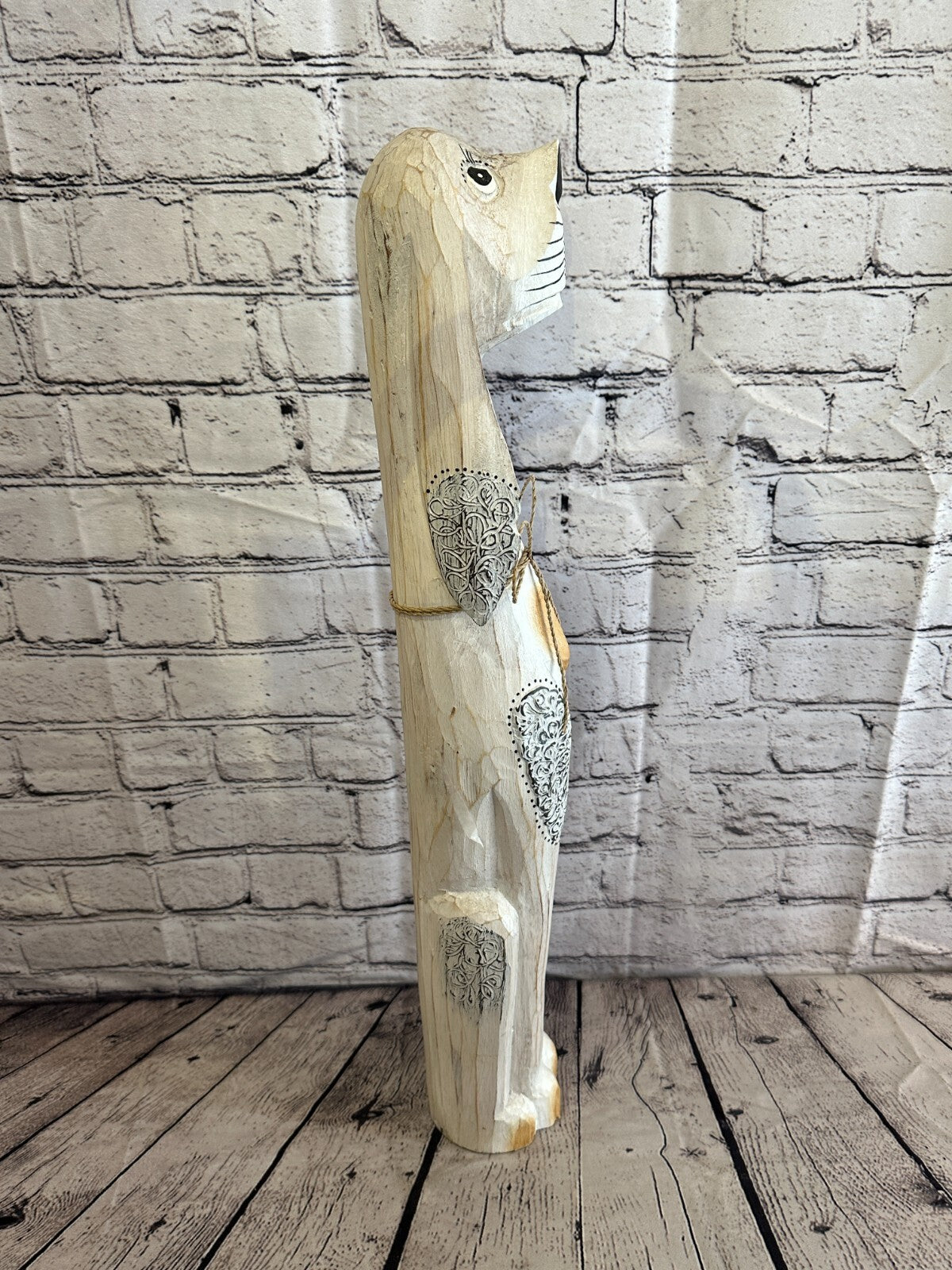 60cm White Flower Wooden Shabby Dog Statue Ornament Fair Trade Handcarved