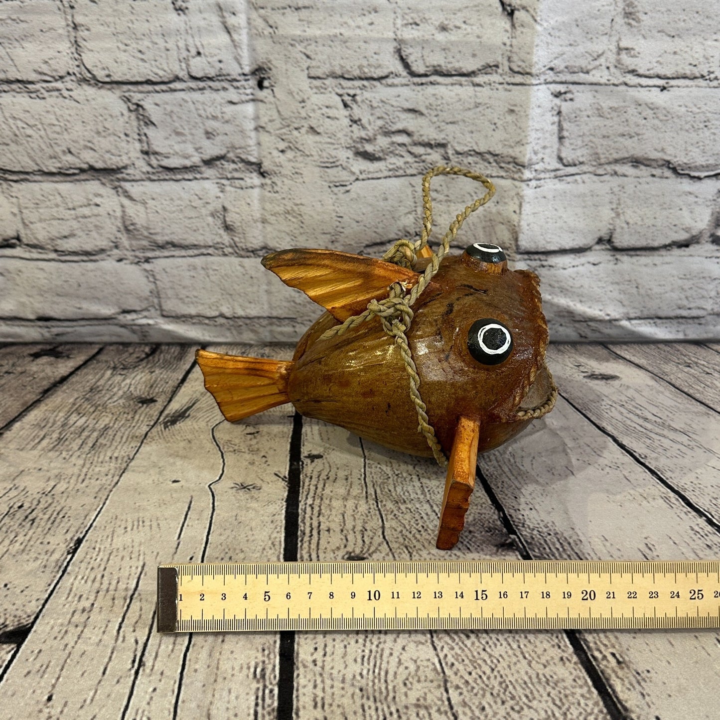 Plain Brown Folk Art Hand Painted Shark Fish Coconut Shell Ornaments Hanging