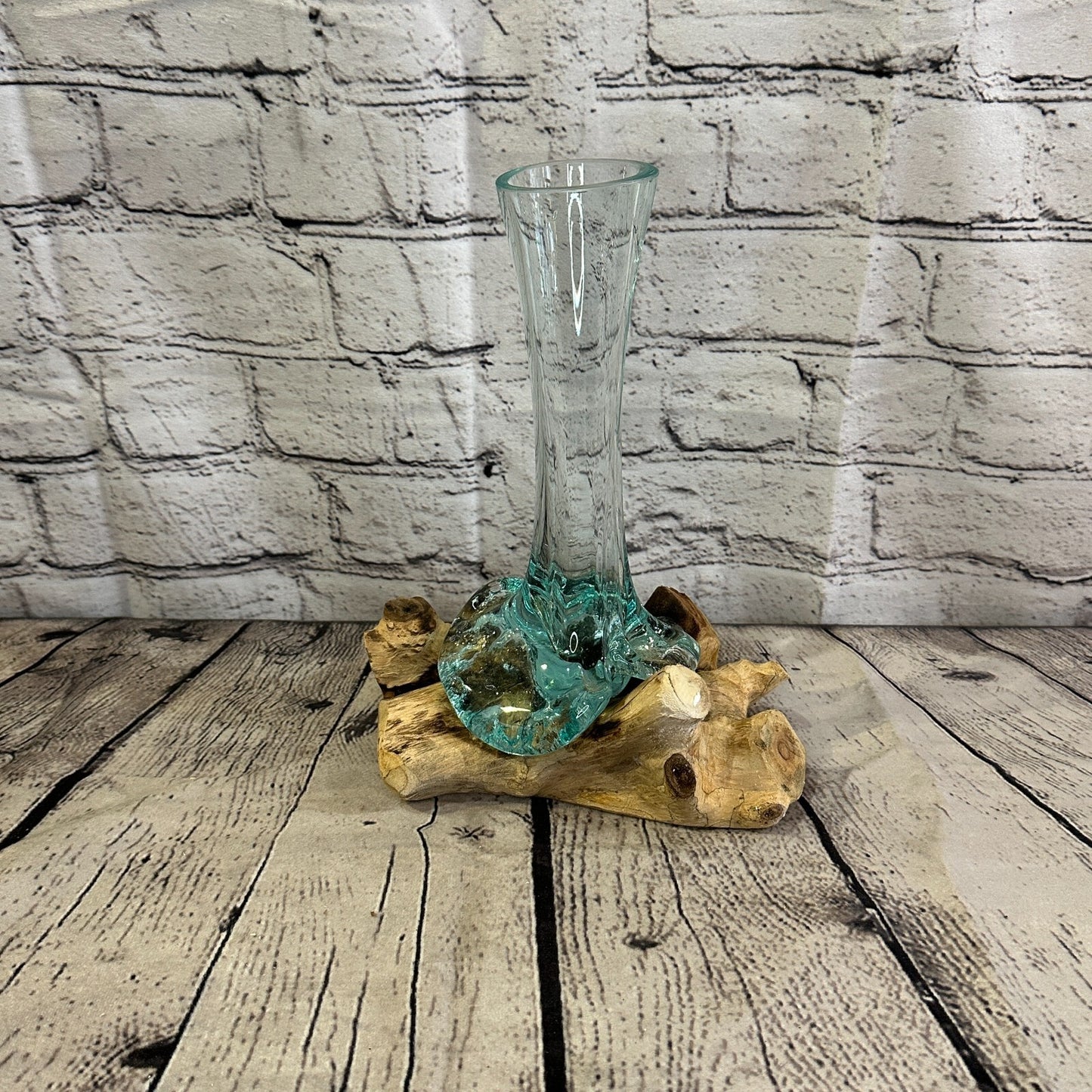 25cm x 15cm Molten Glass Round Vase Natural Root Wood Base Stand Decor Ornament