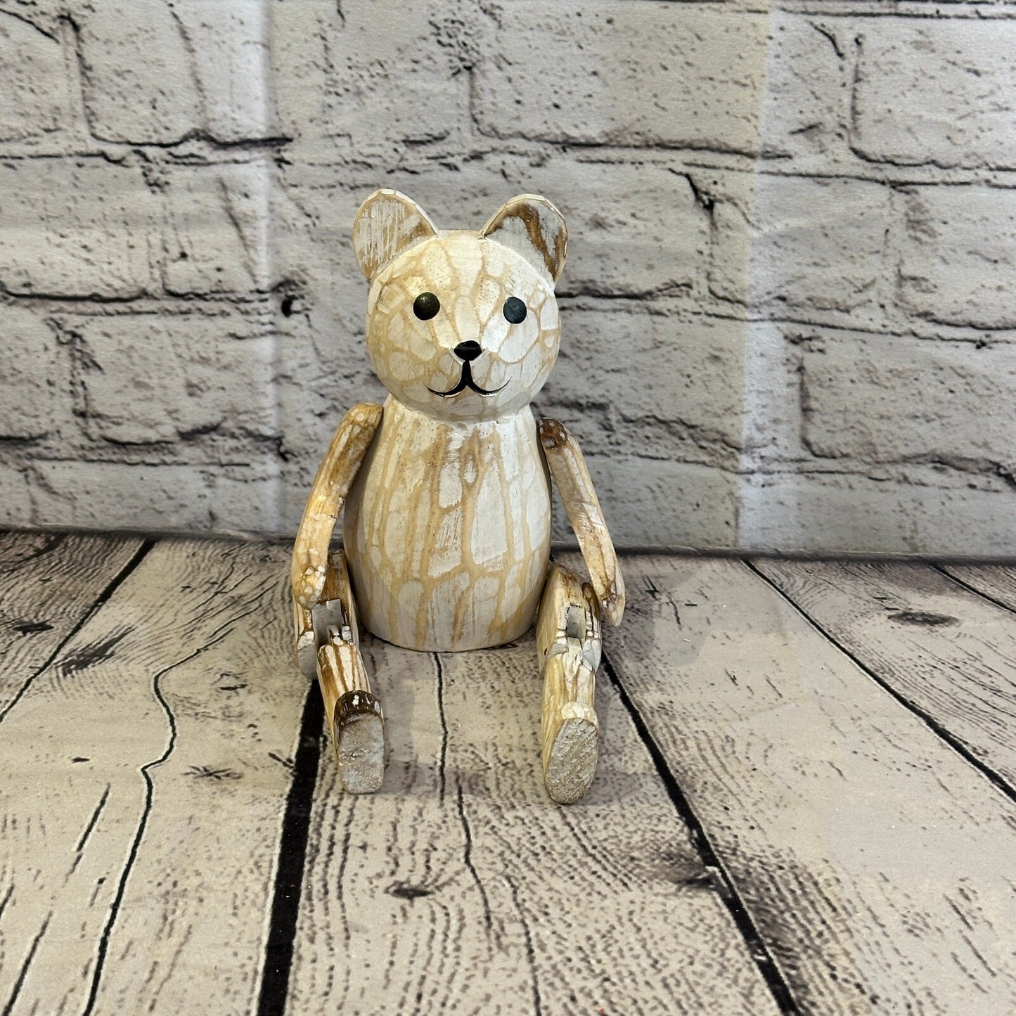15cm Shabby White Teddy Sitting Animal Wooden Shelf Ornament Handmade Fairtrade