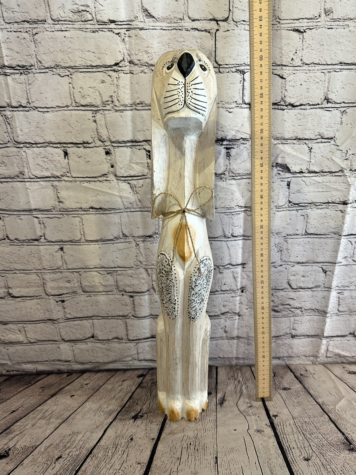 60cm White Flower Wooden Shabby Dog Statue Ornament Fair Trade Handcarved