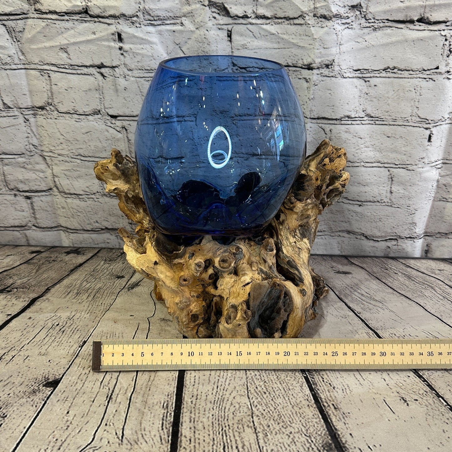 30cm Blue Molten Glass Round Bowl Natural Root Wood Base Stand Decor Ornament