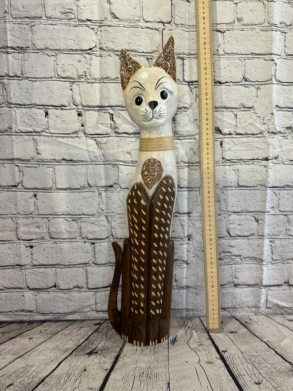 60cm Brown White Flower Wooden Shabby Cat Statue Ornament Fair Trade Handcarved