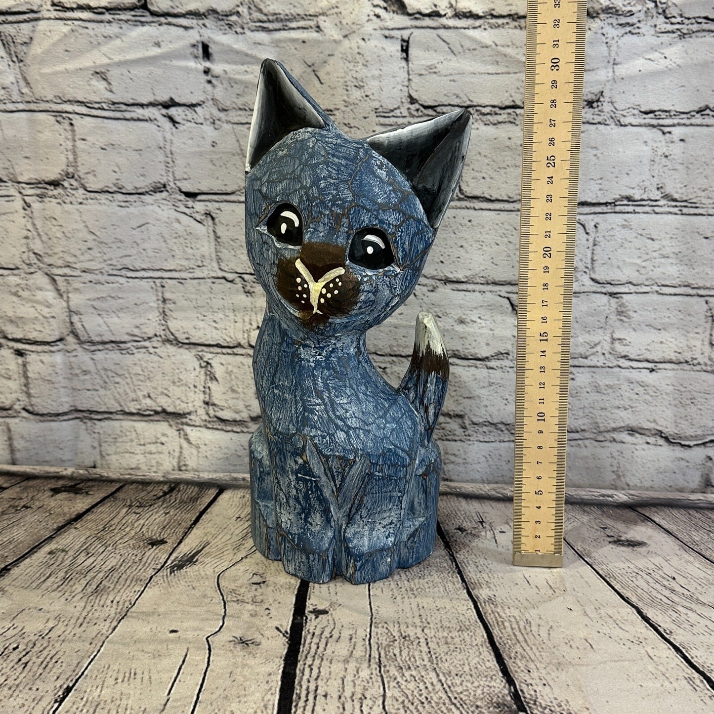 30cm x 12cm Blue Flower Wooden Shabby Cat Statue Ornament Fair Trade Handcarved