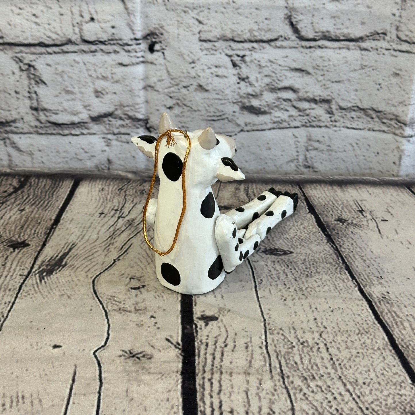 10cm Spotty Cow Sitting Animal, Wooden Shelf Ornament Handmade and Fairtrade