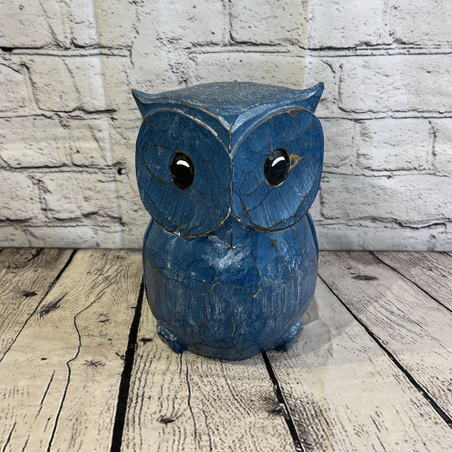20cm x 15cm Blue Flower Wooden Shabby Owl Statue Ornament Fair Trade Handcarved