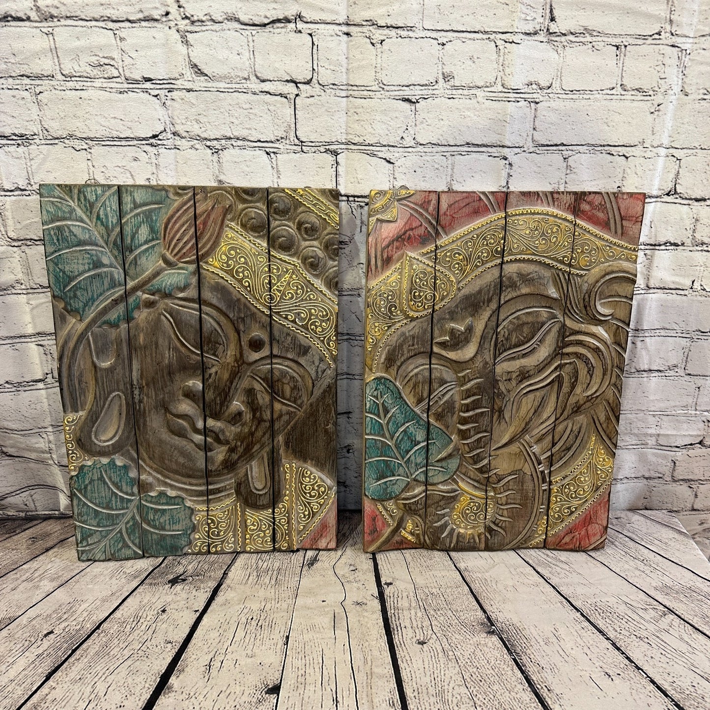 Wooden Wood Panel 45cm Pastel Colour Buddha Lotus Wall Art Plaque Handcarved