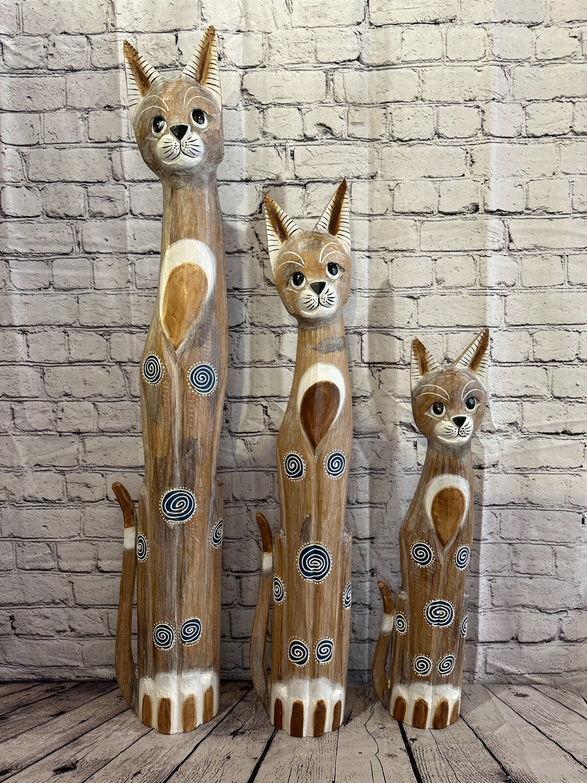 100cm Light Brown Flower Wooden Shabby Cat Statue Ornament Fair Trade Handcarved