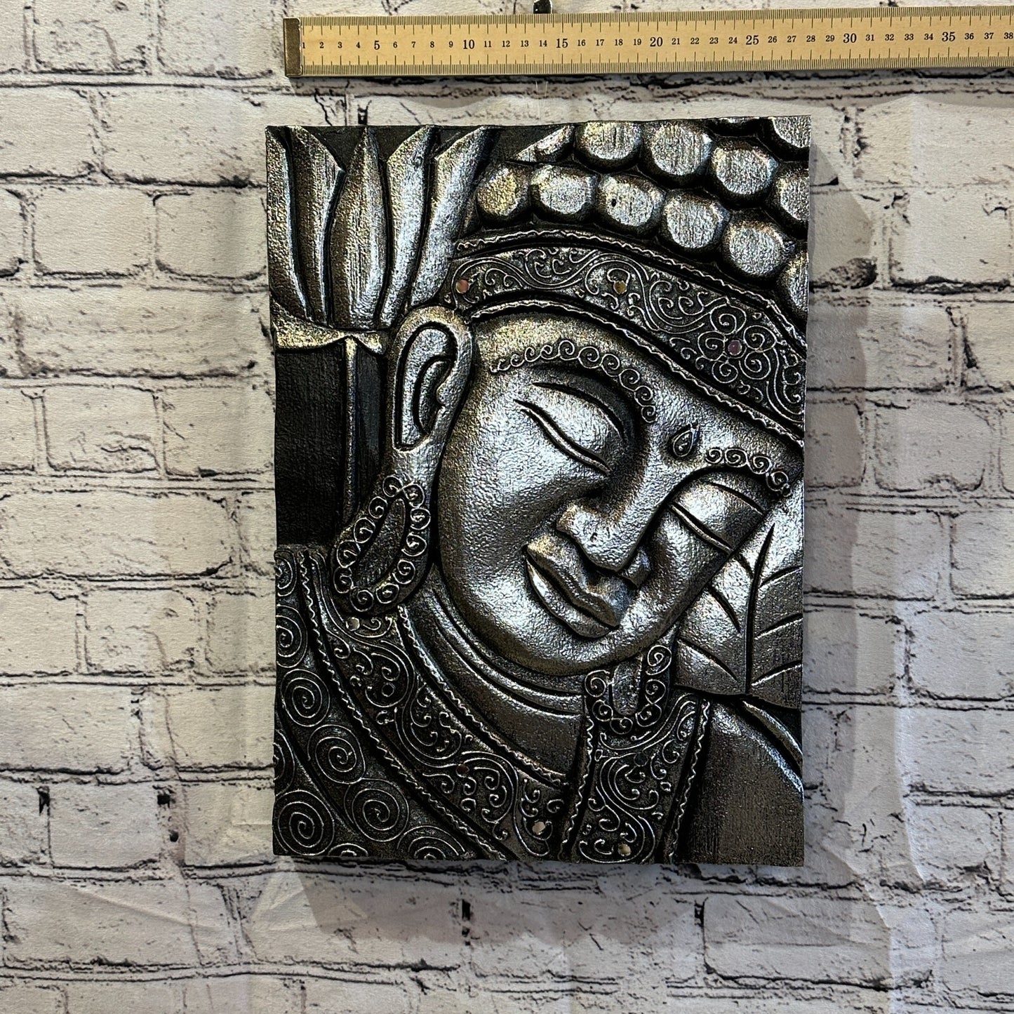 Wooden Wood Panel 40cm Brown Silver Buddha Tall Lotus Wall Art Plaque Handcarved