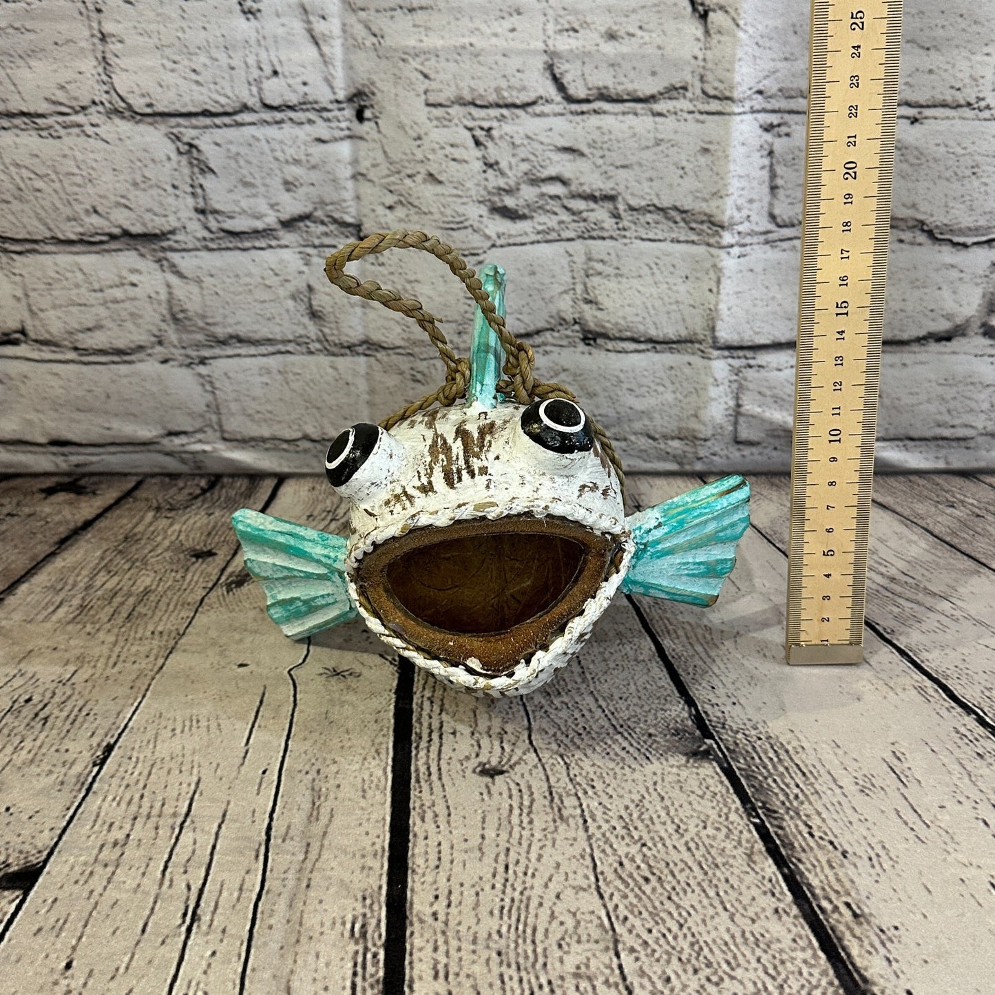 Green White Folk Art Hand Painted Shark Fish Coconut Shell Ornaments Hanging
