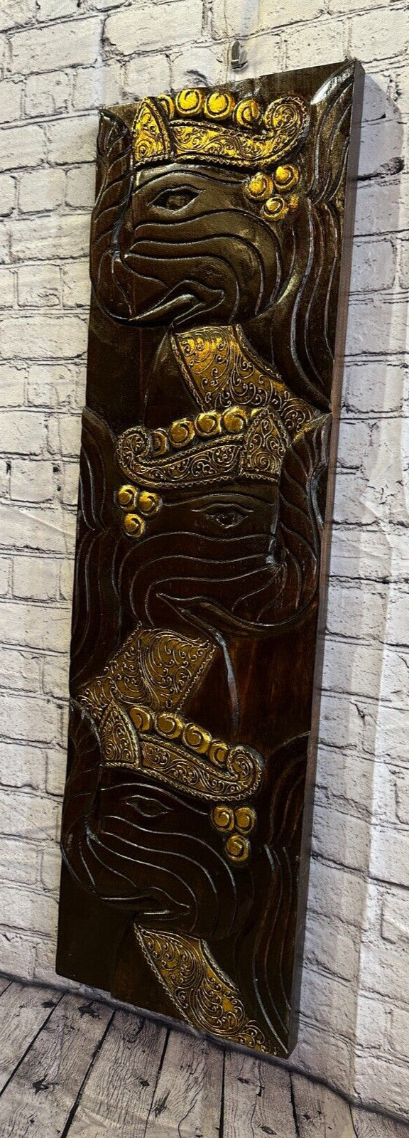 100cm x 30cm Elephants Brown Silver Wooden Wood Panel Wall Art Plaque Handcarved