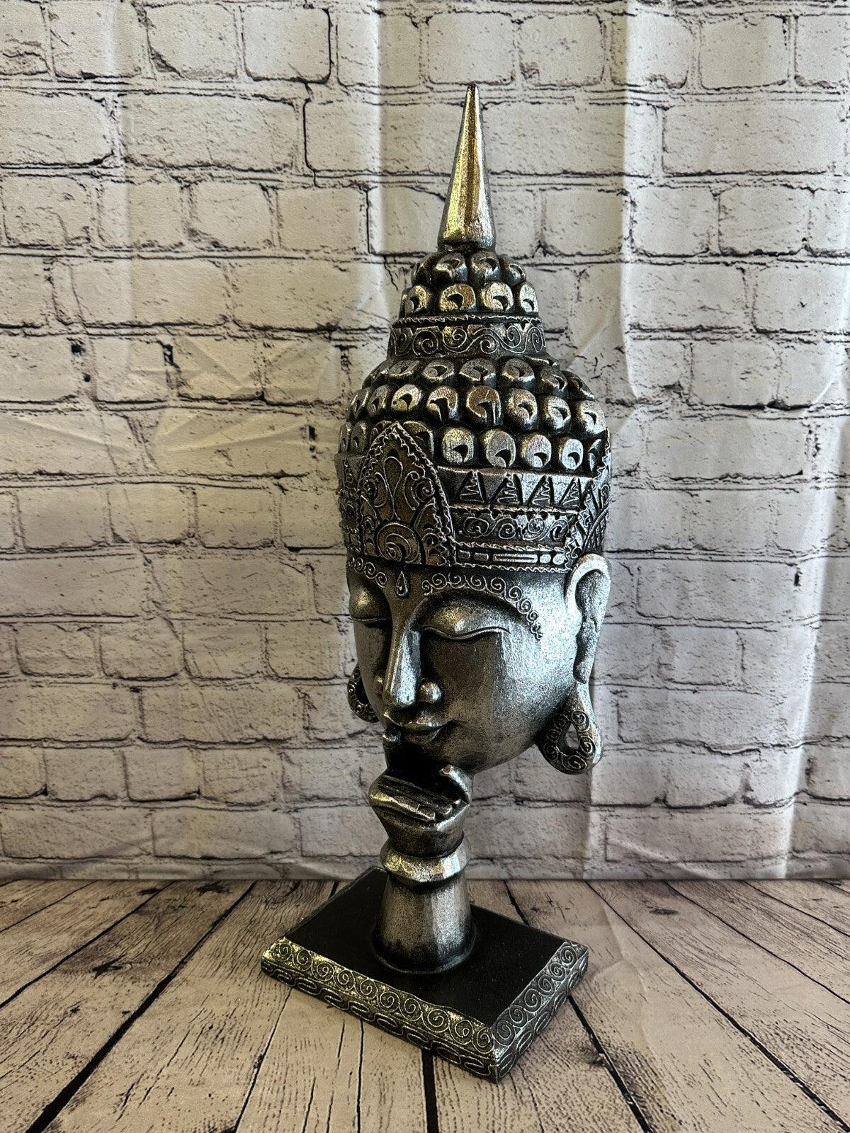 65cm Silver Buddha Head Wooden Standing Statue Figurine Ornament Fair Trade