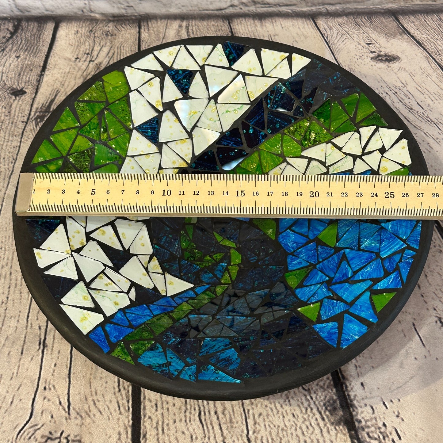 28cm Blue Green Swirl Round Mosaic Handmade Ceramic Glass Tile Bowl Fruit
