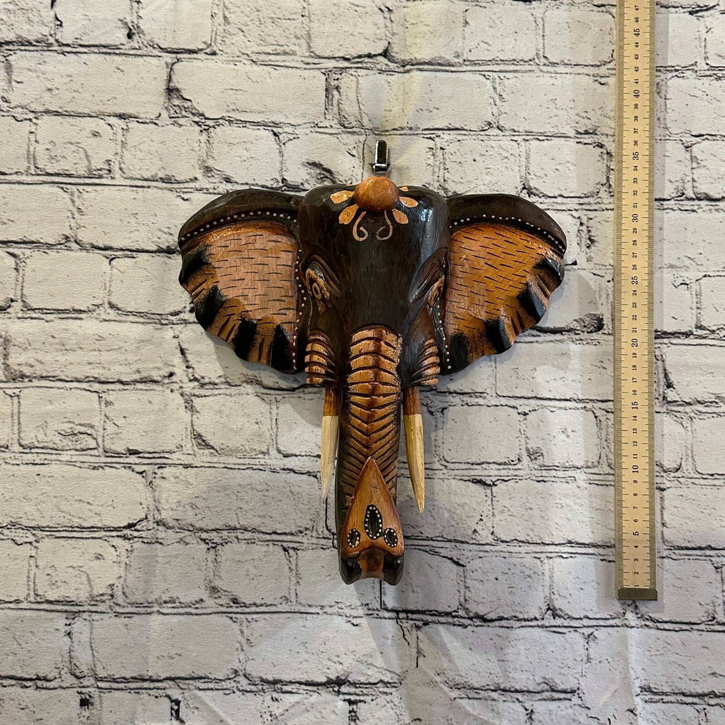 30cm x 30cm Brown Painted Wood Elephant Head Wall Mounted Art Large Shabby