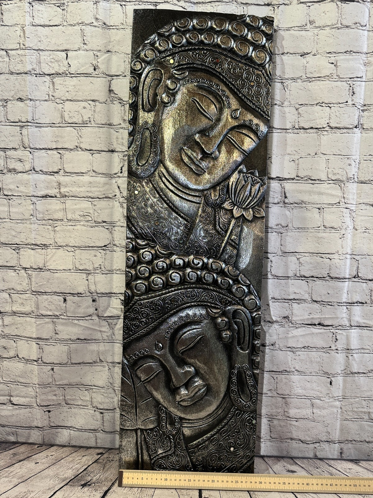 100cm x 30cm Tall Buddha 2 Faces Silver Wooden Wood Panel Wall Art Plaque