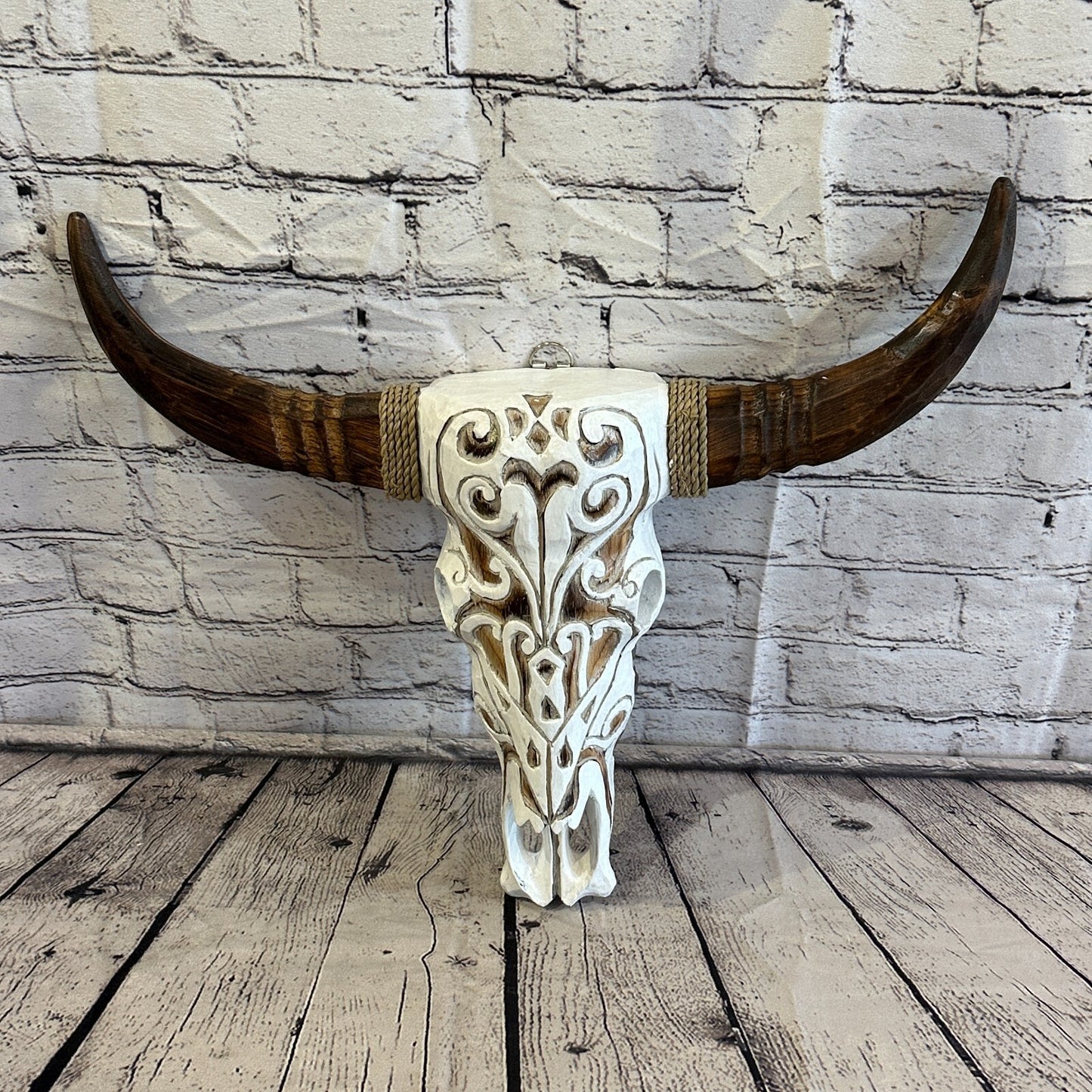 50cm x 40cm White Carved Wood Cow Bison Skull Head Wall Mounted Art Large Shabby