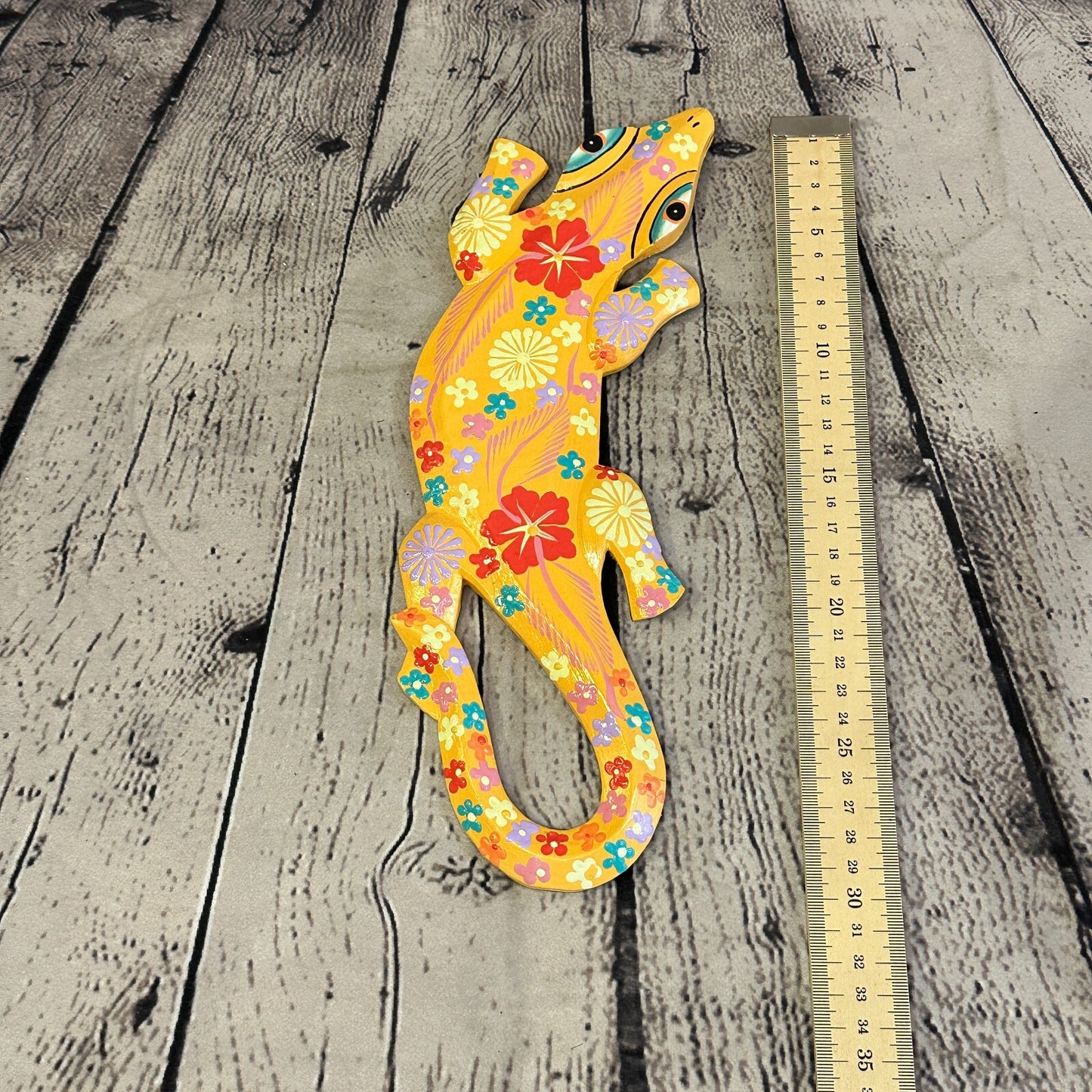 30cm Gecko Lizard Orange Flower Wood Wall Hanging Wooden Ornaments Carving