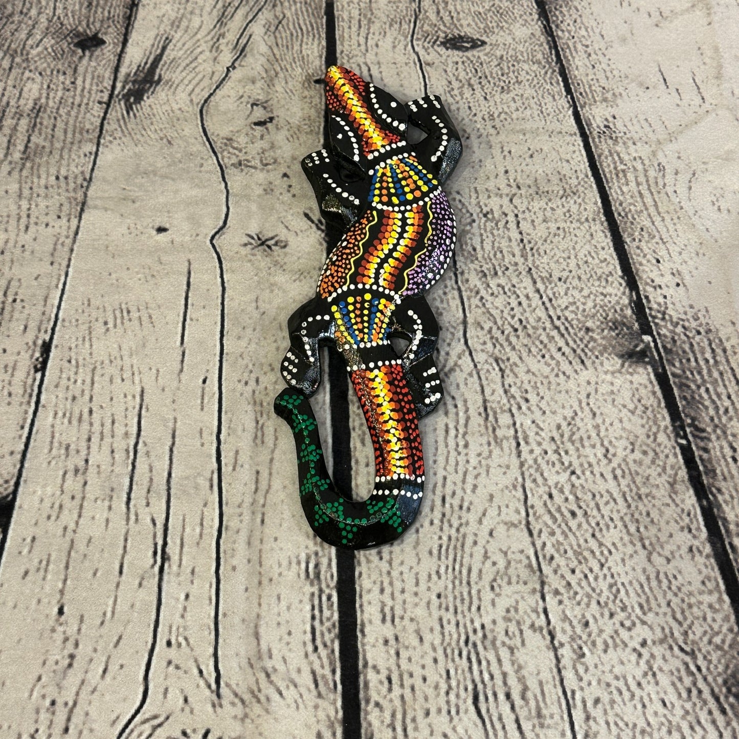 20cm Gecko Carved Wooden Dot Painted Ethnic Tribal Tiki Wall Handmade No 5