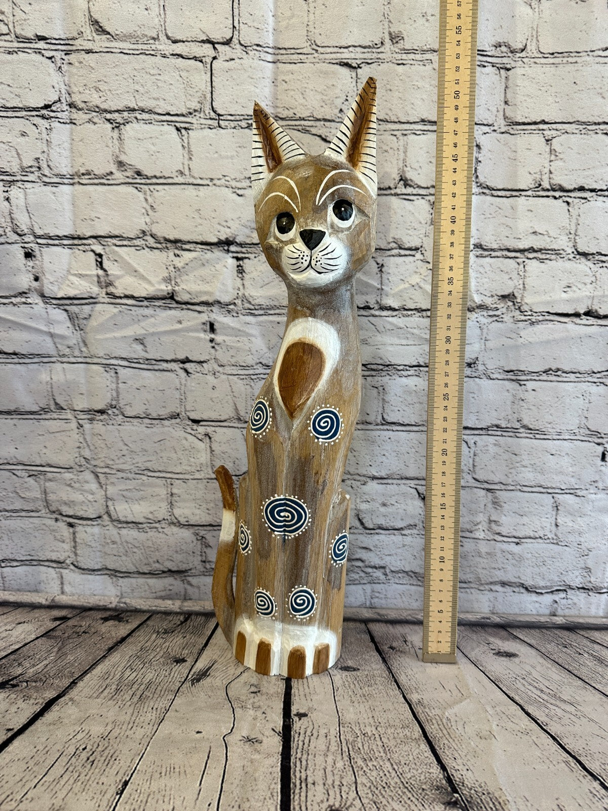 50cm Light Brown Flower Wooden Shabby Cat Statue Ornament Fair Trade Handcarved