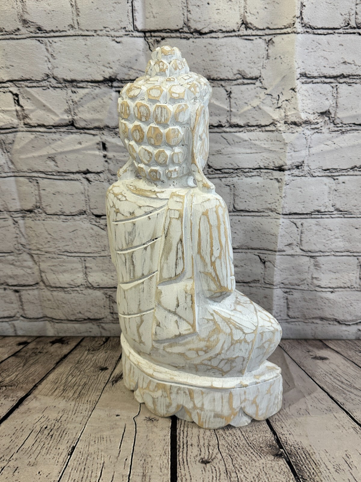 40cm x 20cm White Buddha Wooden Standing Statue Figurine Ornament Fair Trade