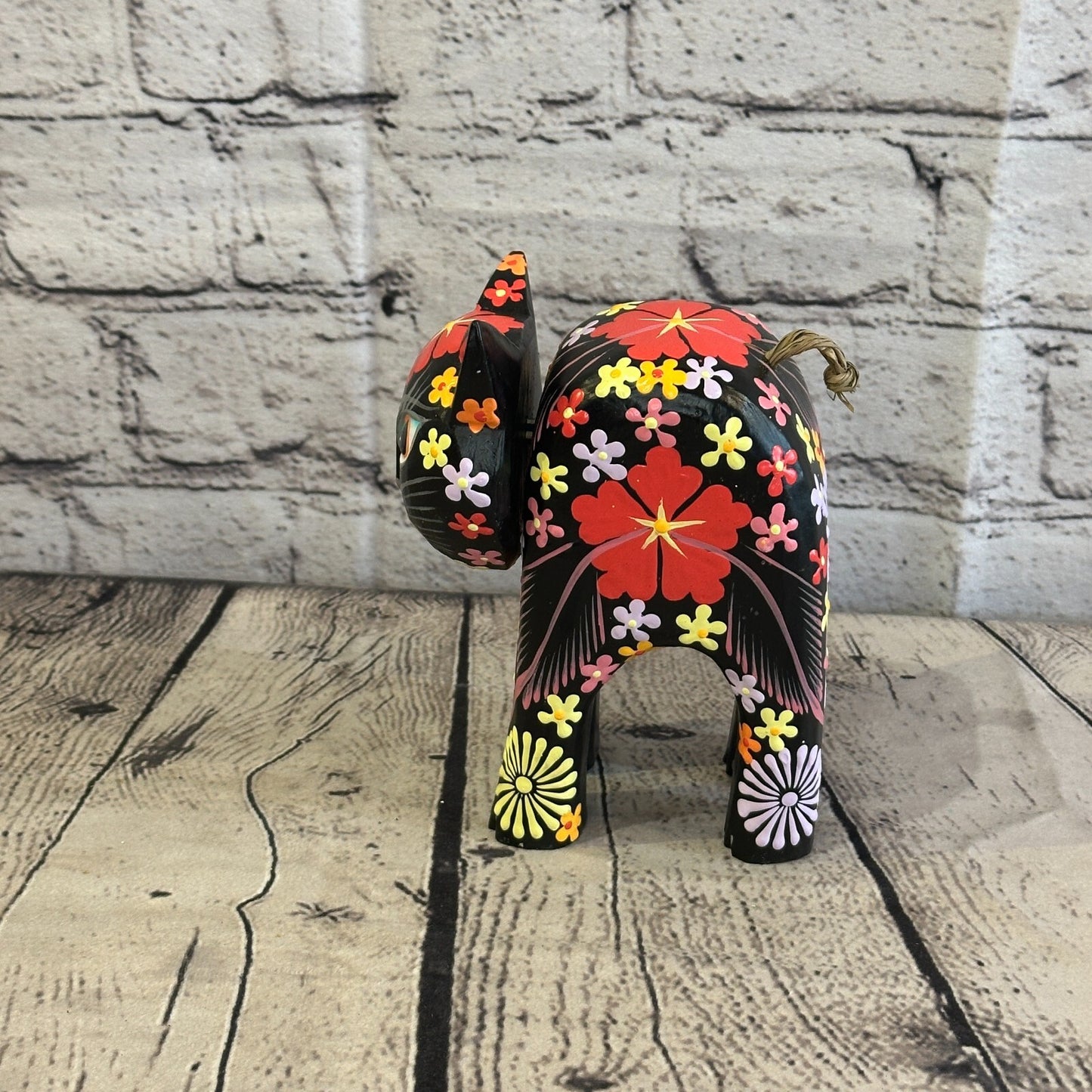 Black Large Wooden Cat With Flower Pattern 15cm x 10cm Handmade and Fairtrade