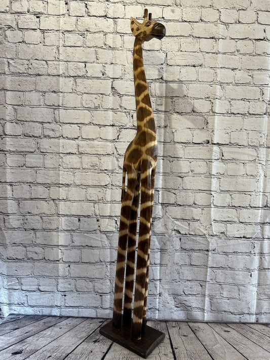 100cm Burnt Pattern Wood Giraffe Tall Statue Wood Modern Hand Carved Painted