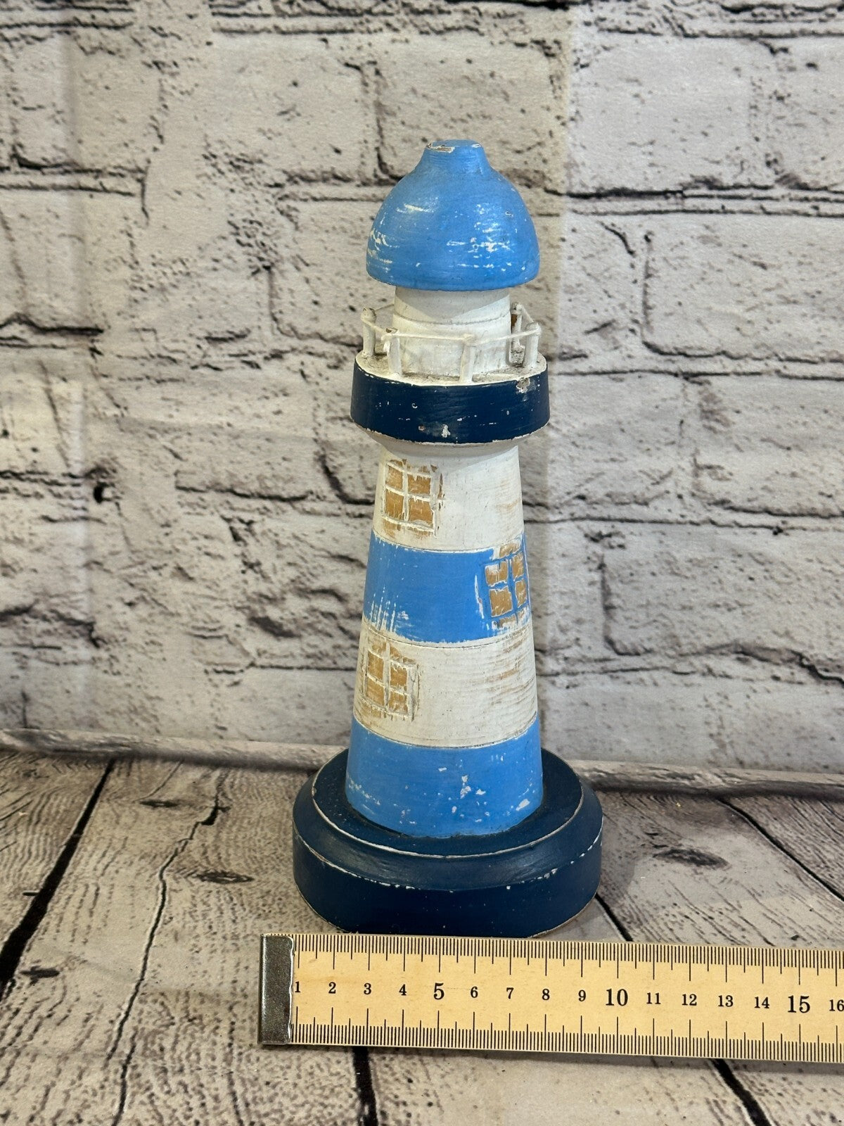 25cm Blue White Wooden Lighthouse Ornament Nautical Coastal Sculpture Statue
