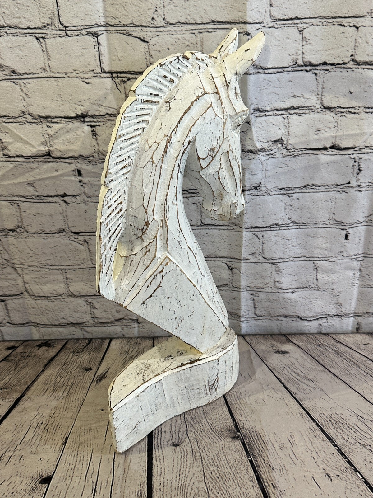 White Wooden 50cm x 25cm Horse Head Bust Hand Carved Wood Sculpture