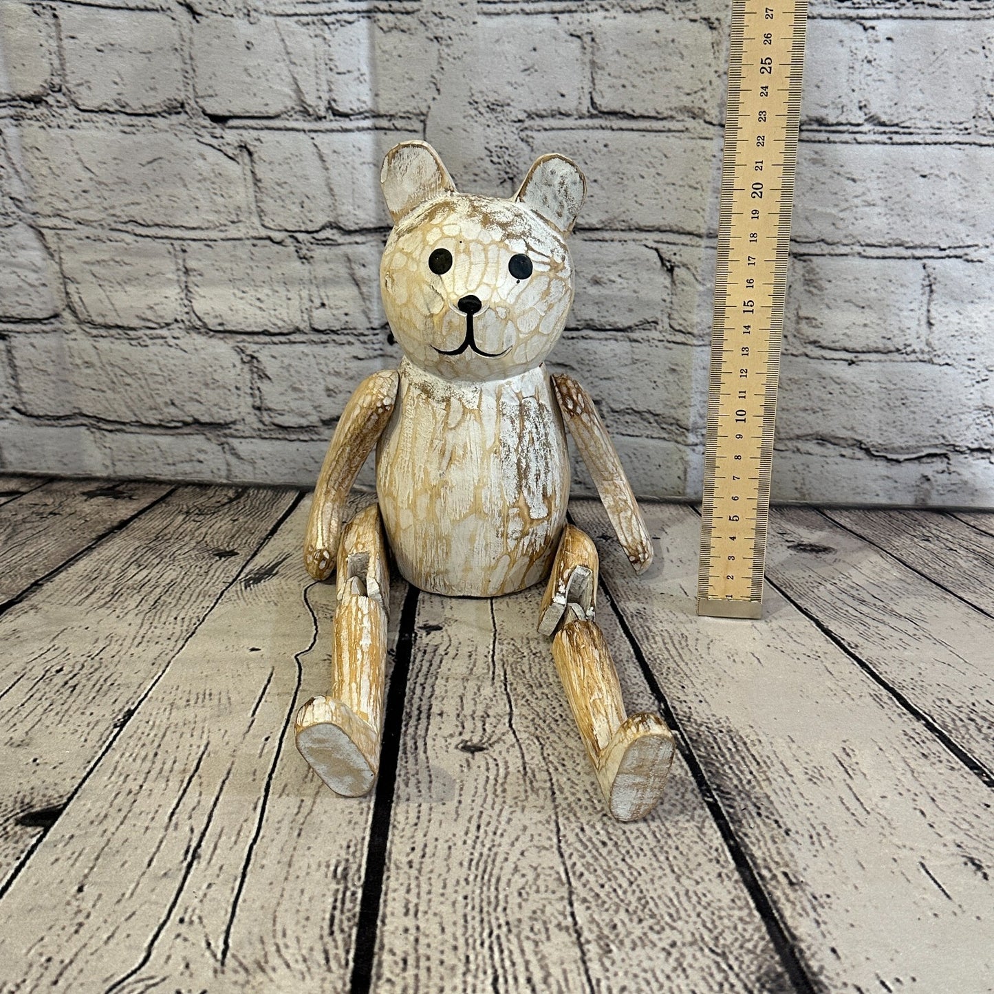 22cm Shabby White Teddy Sitting Animal Wooden Shelf Ornament Handmade Fairtrade