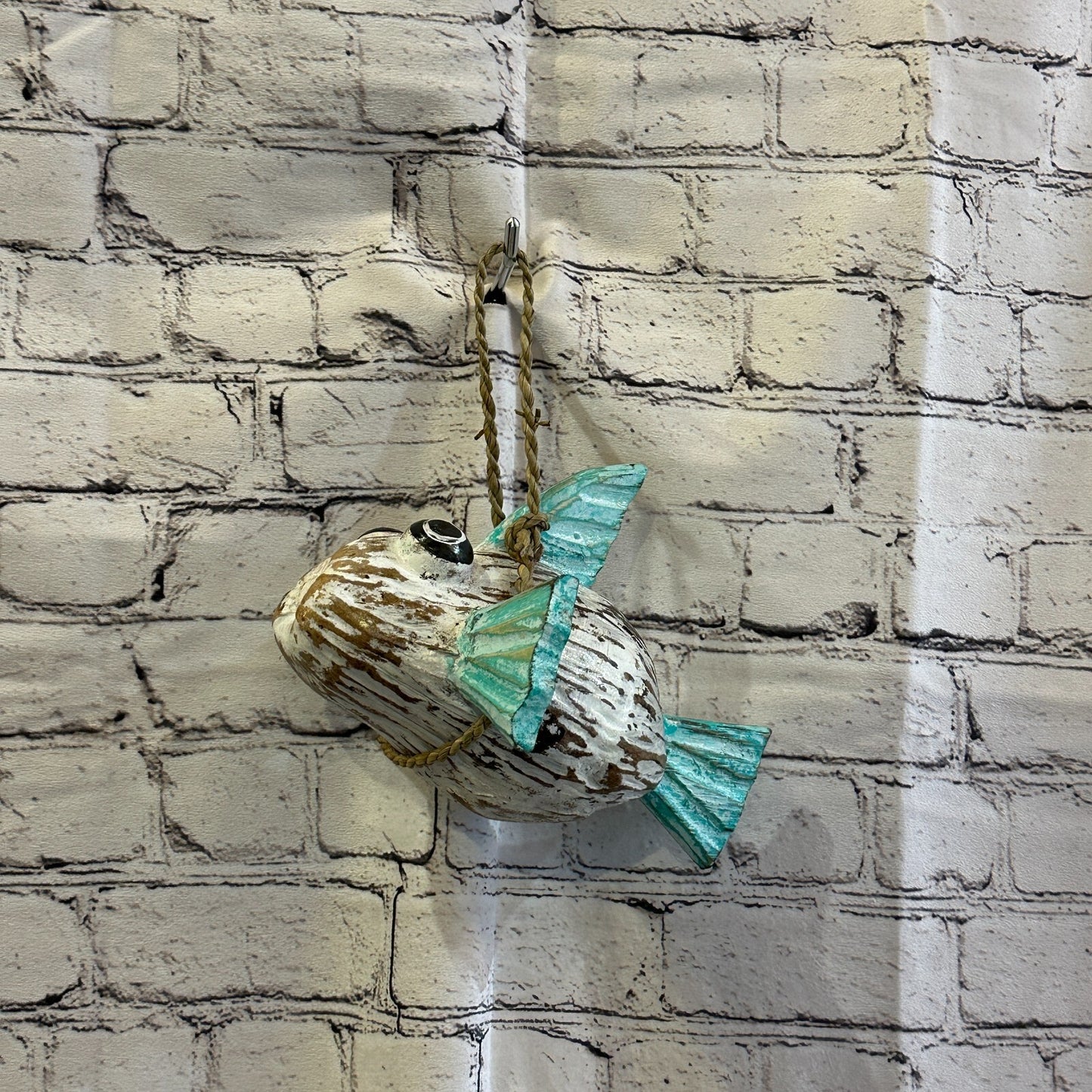 Green White Folk Art Hand Painted Puffer Fish Coconut Shell Ornaments Hanging