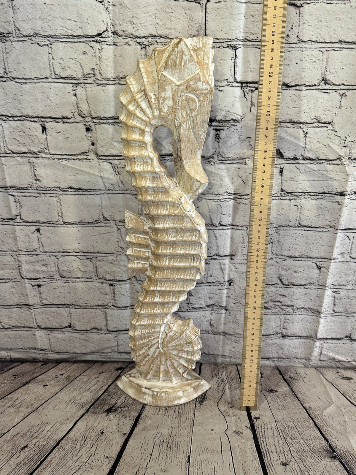 60cm White Plain Wooden Shabby Seahorse Statue Ornament Fair Trade Handcarved