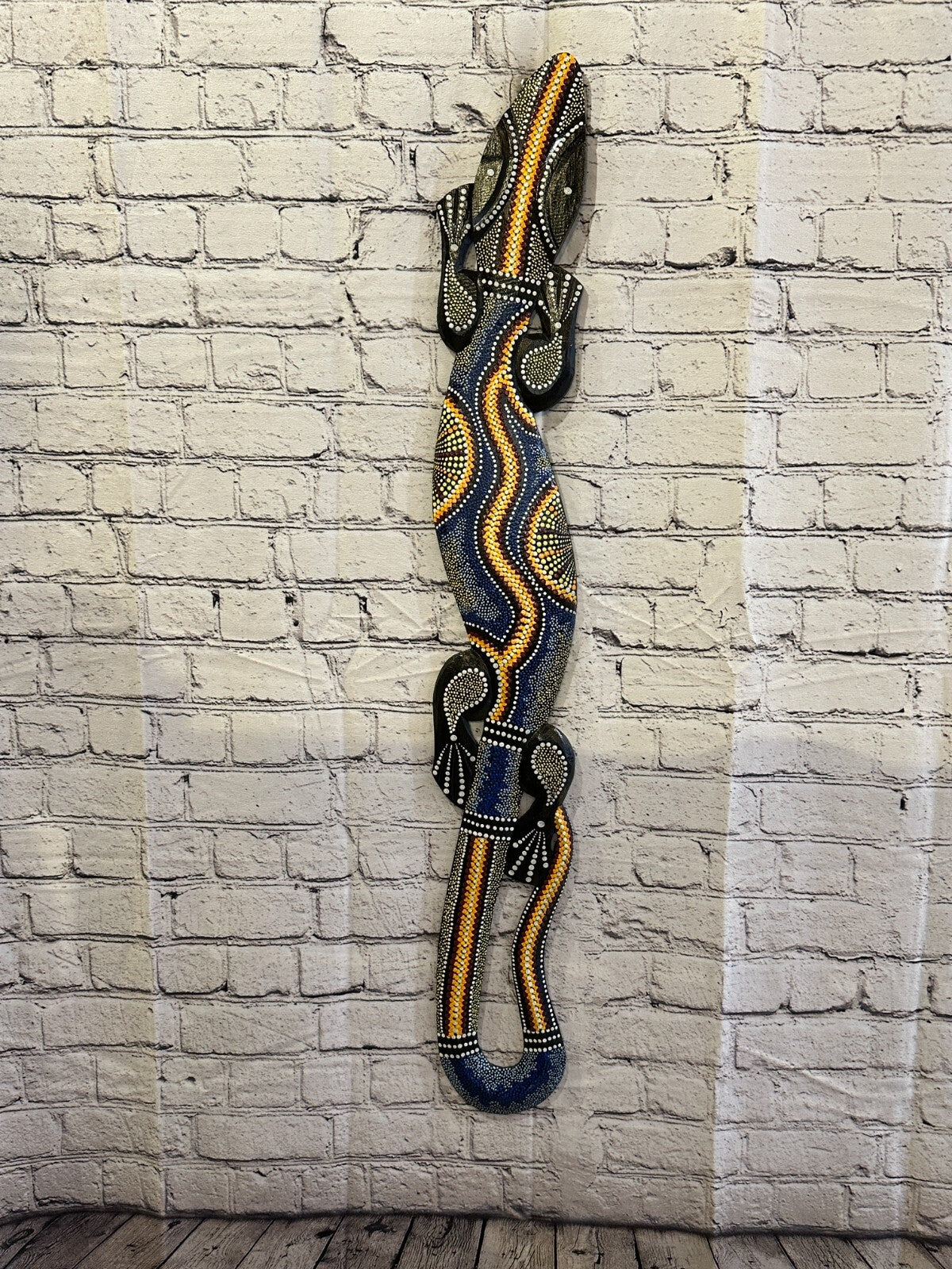 100cm Gecko Carved Wooden Dot Painted Ethnic Tribal Tiki Wall Handmade No 4