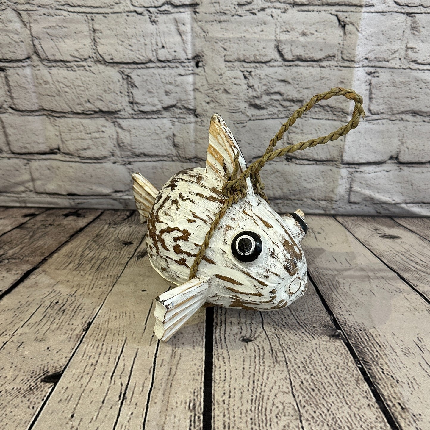 Plain White Folk Art Hand Painted Puffer Fish Coconut Shell Ornaments Hanging